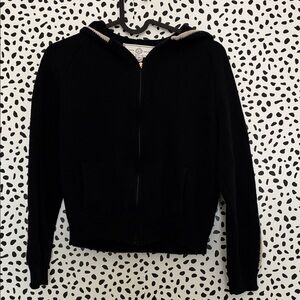 St. John sport knit Black Hooded Zip-Up Sweater stripe size P crop